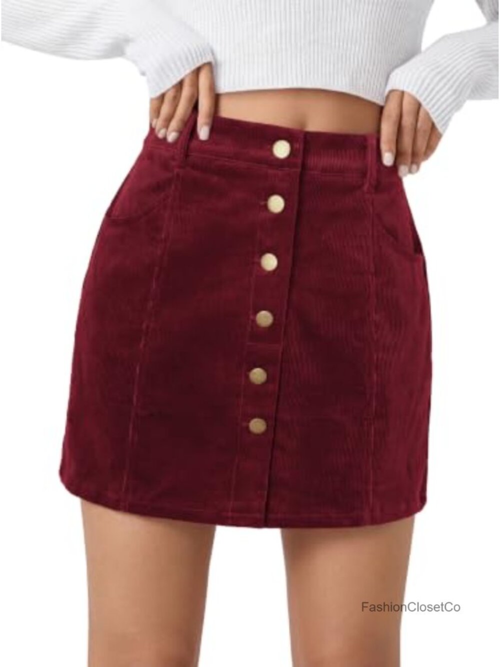Womens Corduroy A-Line Mini Skirt Button Front High Waisted Stretchy Fall Skirt